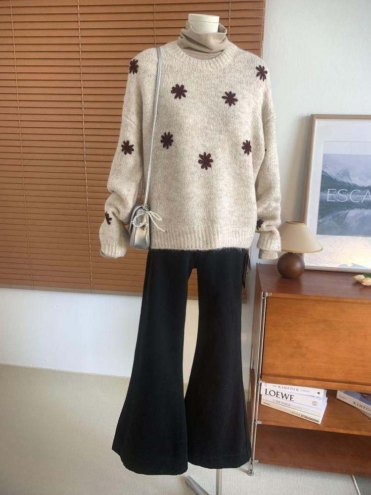 Crew Neck Floral Embroidered Sweater Product Image
