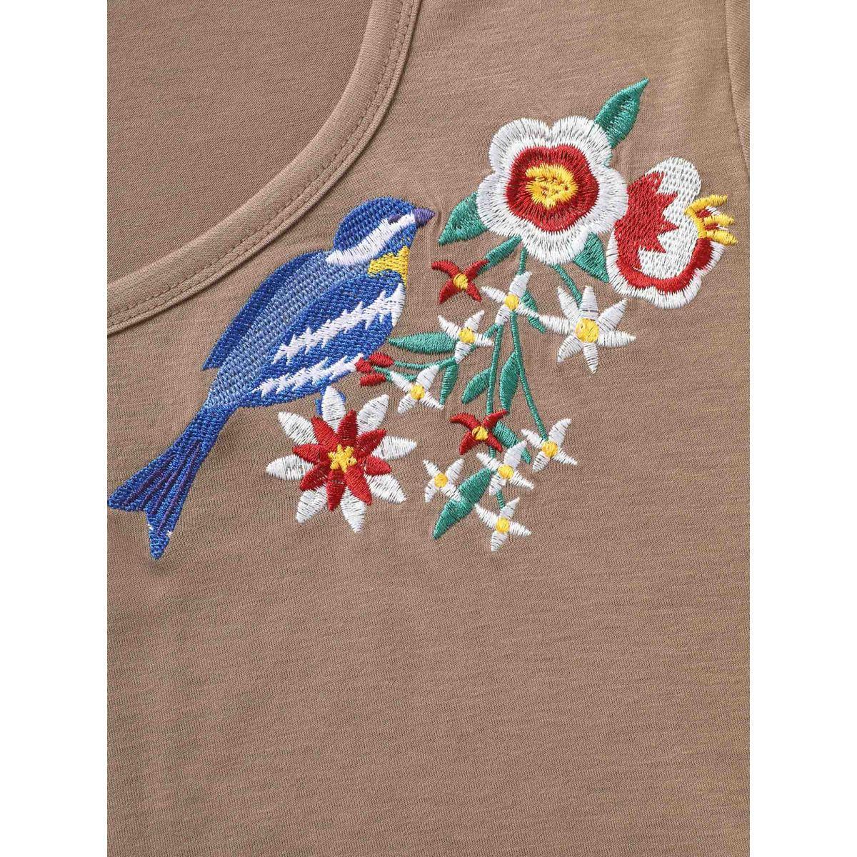 Plus Size Heart Neckline Natural Floral Embroidered T-shirt LightBrown Women Casual Contrast Natural Flowers Heart neckline Everyday T-shirts BloomChic 28/5X Product Image