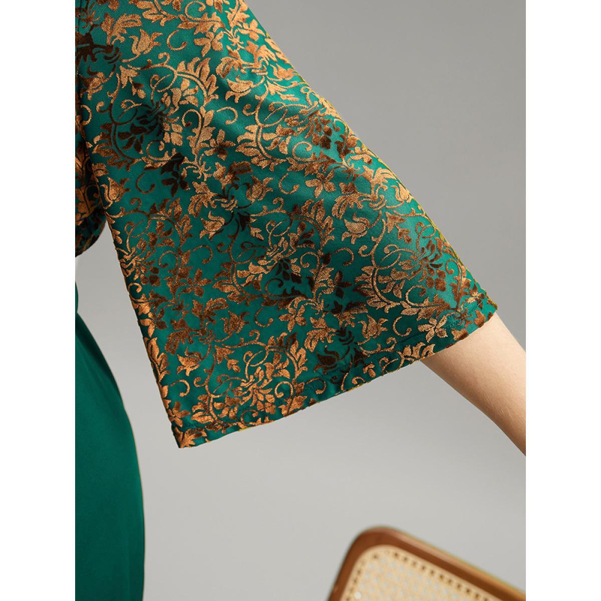 Plus Size Silhouette Floral Print Belted Patchwork Velvet Dress Emerald Women Vacation Wrap Overlap Collar Elbow-length sleeve Curvy Midi Dress BloomChic 10/M Product Image