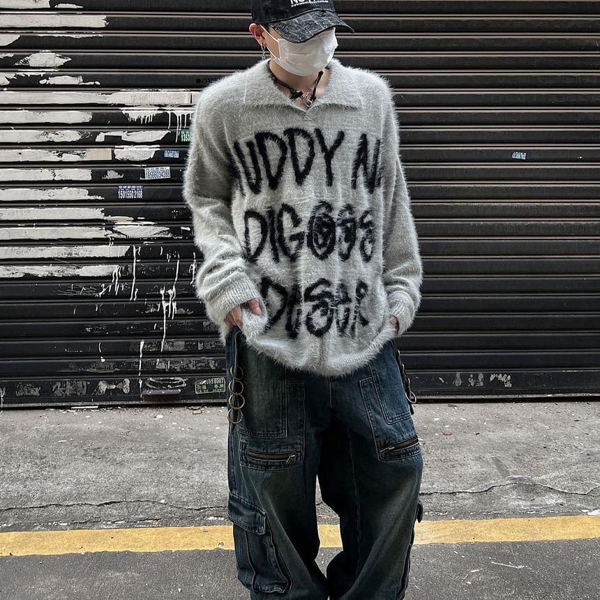 Collared Lettering Fluffy Oversized Sweater Product Image