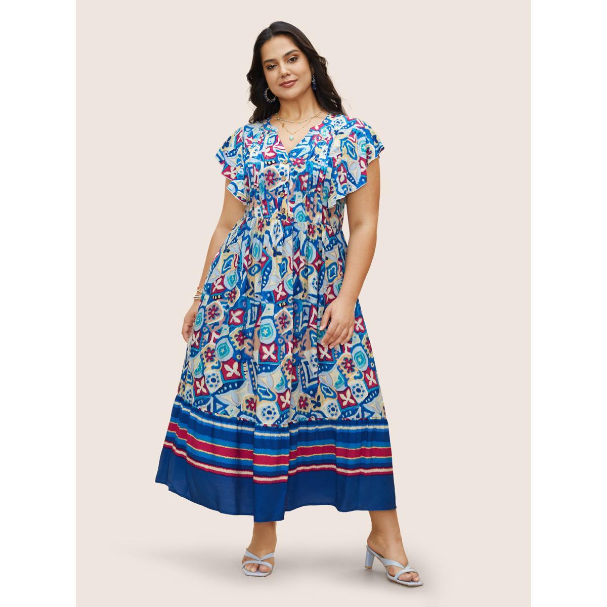 Plus Size Boho Print Pleated Ruffle Sleeve Dress Blue Women Resort Ruffles Notched collar Cap Sleeve Curvy BloomChic 22-24/3X Product Image