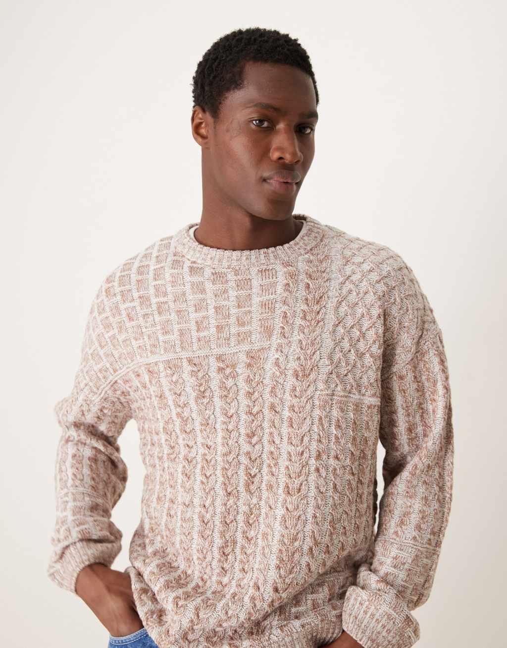 ASOS DESIGN relaxed cable knit sweater in stone Product Image