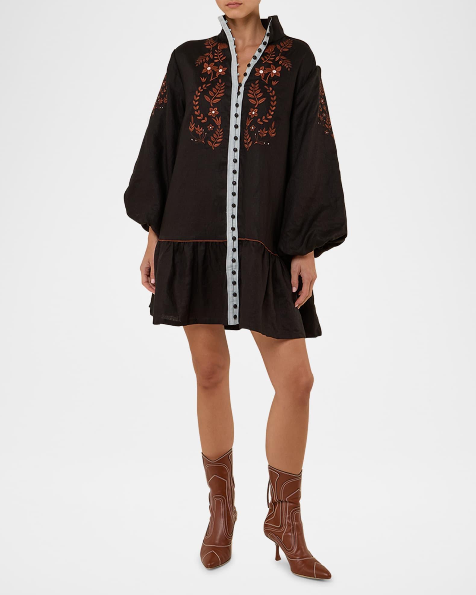 Rosewood Embroidered Flounce Linen Mini Dress Product Image