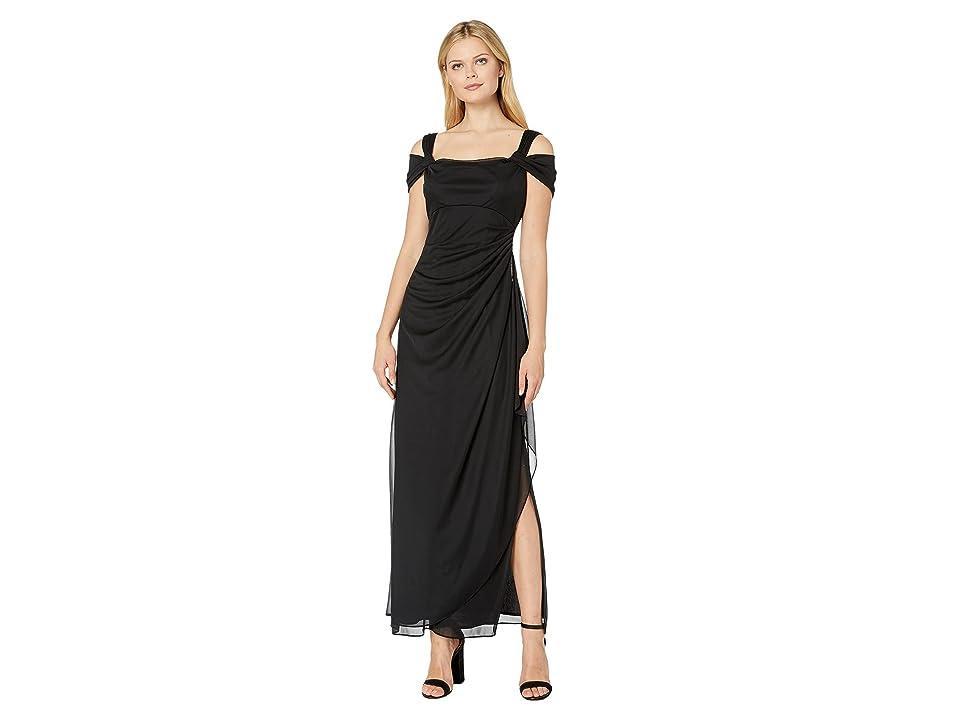 Alex Evenings Exposed Shoulder Draped Neck Cap Sleeve Ruched Waterfall Hem Mesh Gown Product Image