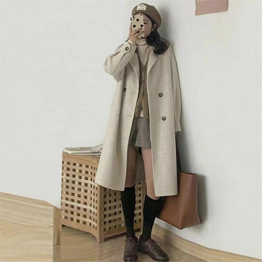 Lapel Collared Double Breasted Long Coat Product Image