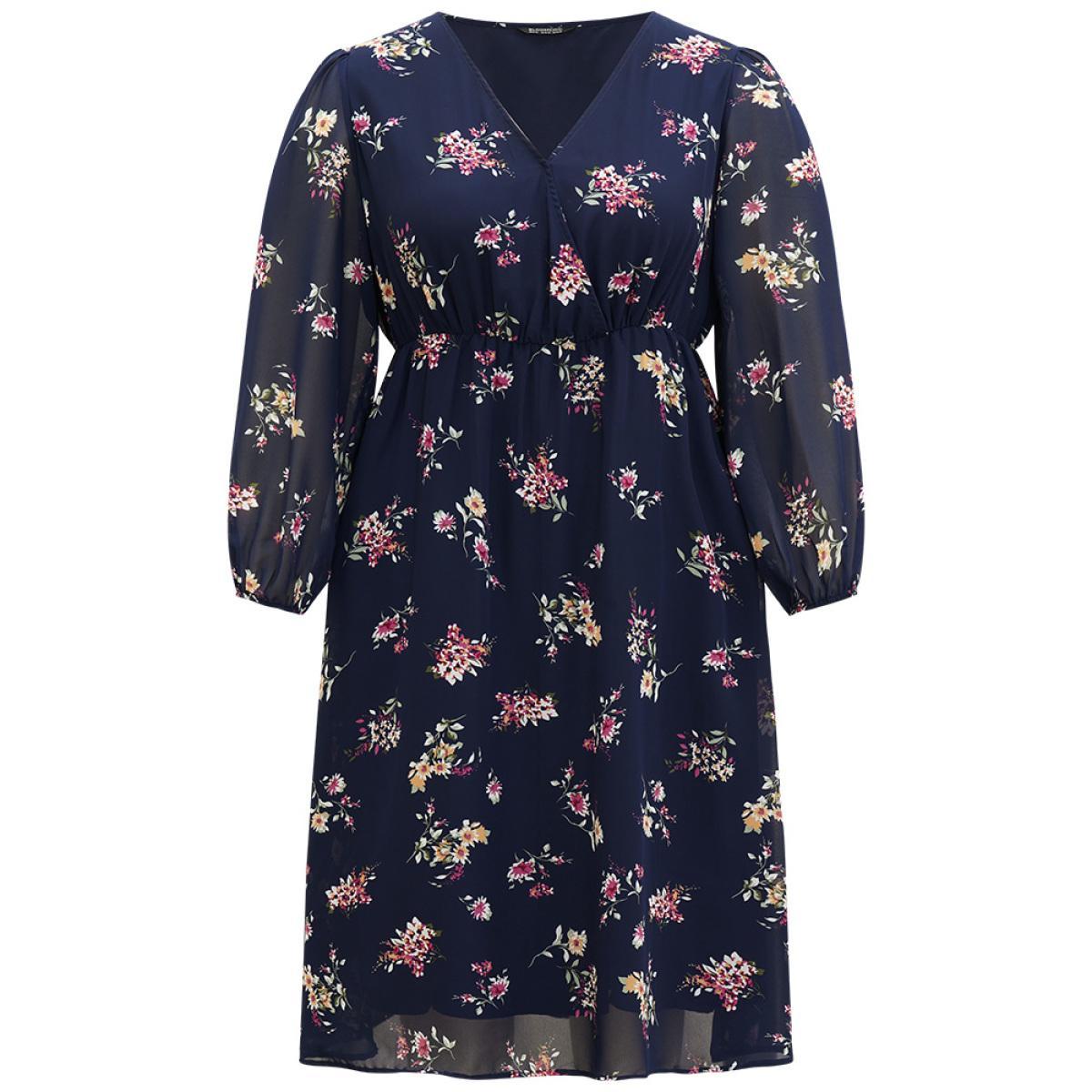 Plus Size Floral Print Surplice Neck Lantern Sleeve Mesh Dress DarkBlue Women Elegant Elastic cuffs V-neck Long Sleeve Curvy Midi Dress BloomChic 28/5X Product Image
