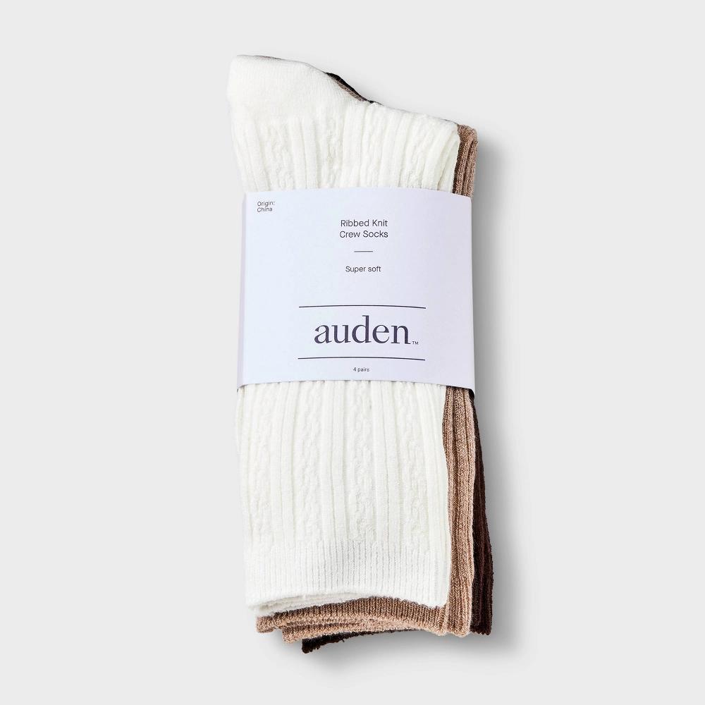 Women's Ultra Soft Everyday Cable 4pk Crew Socks - Auden™ Ivory/Brown/Black 4-10: Midweight Knit, Rib Cuffs, Machine Washable Product Image