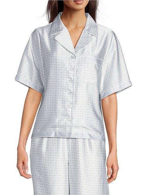 Le' AL.X Logo Print Satin Notch Lapel Short Sleeve Cropped Coordinating Camp Shirt Product Image