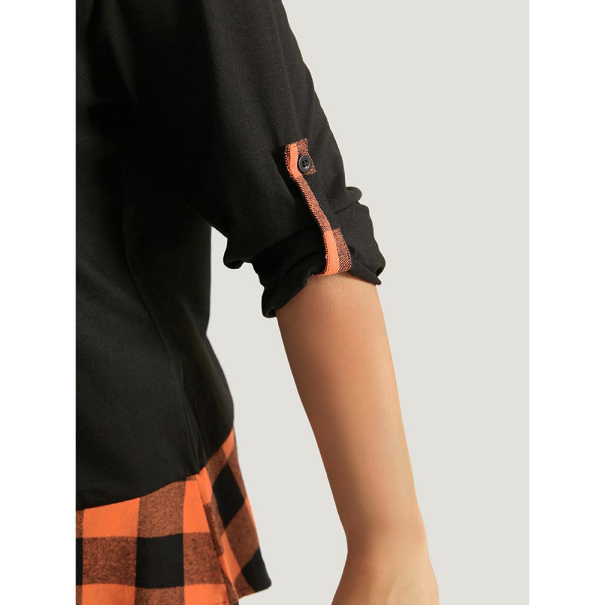 Plus Size Halloween Gingham Patchwork Notched Button Up Arc Hem T-shirt Black Women Casual Contrast Plaid Round Neck Festival-Halloween T-shirts BloomChic 28/5X Product Image