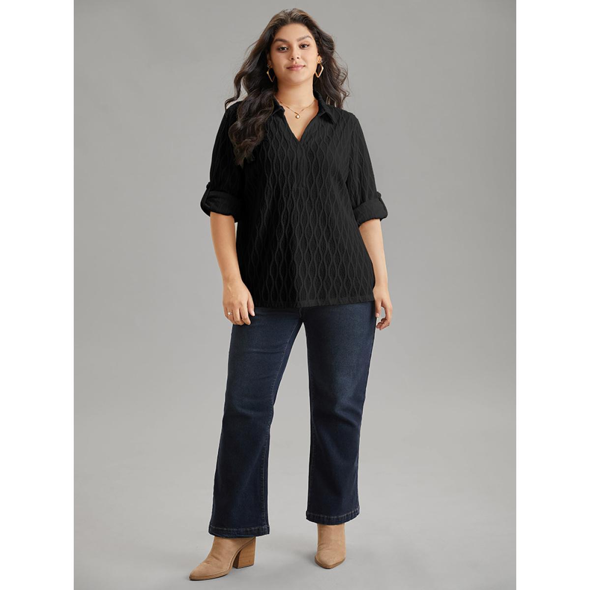 Plus Size Black Plain Shirt Collar Tab Sleeve Jacquard Blouse Women Casual Long Sleeve Shirt collar Work Blouses BloomChic 10/M Product Image