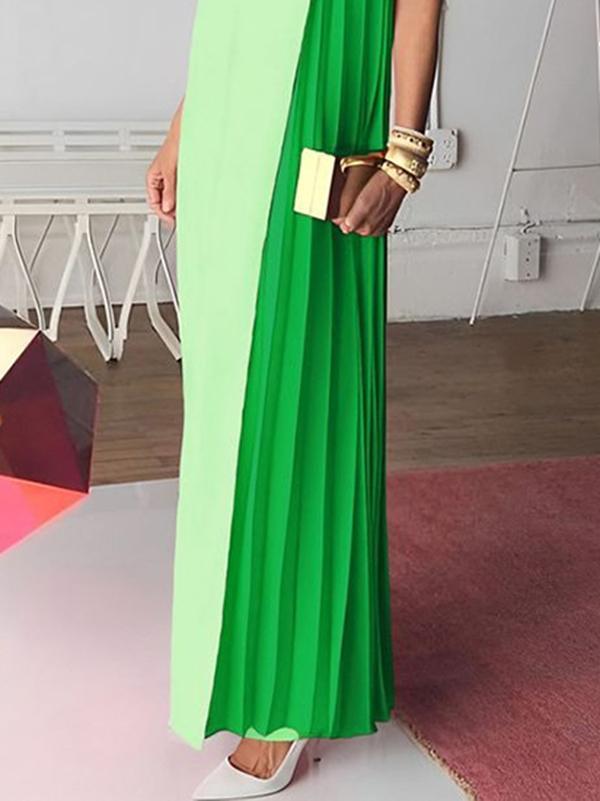 Loose Sleeveless Asymmetric Contrast Color Pleated Split-Joint Round-Neck Maxi Dresses Product Image