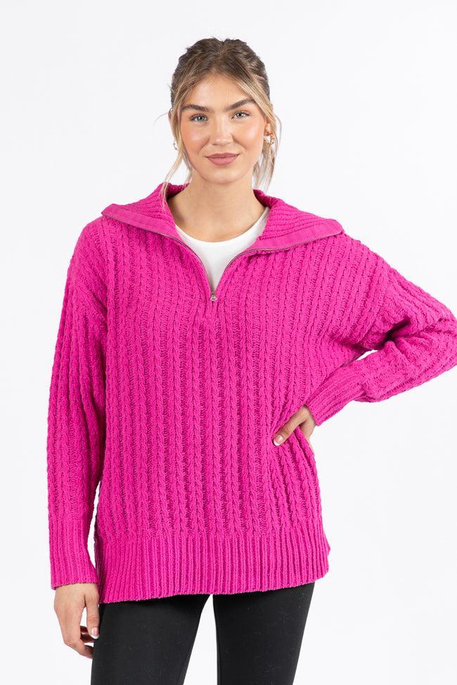 Forever Yours Magenta Cable Knit Chenille Quarter Zip Sweater Product Image