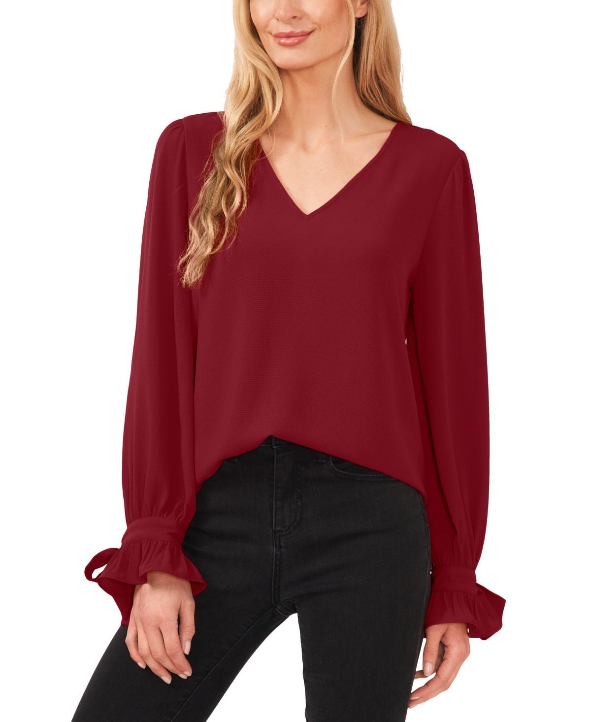 CeCe Womens Solid Long Sleeve V-Neck Tie Cuff Blouse Product Image