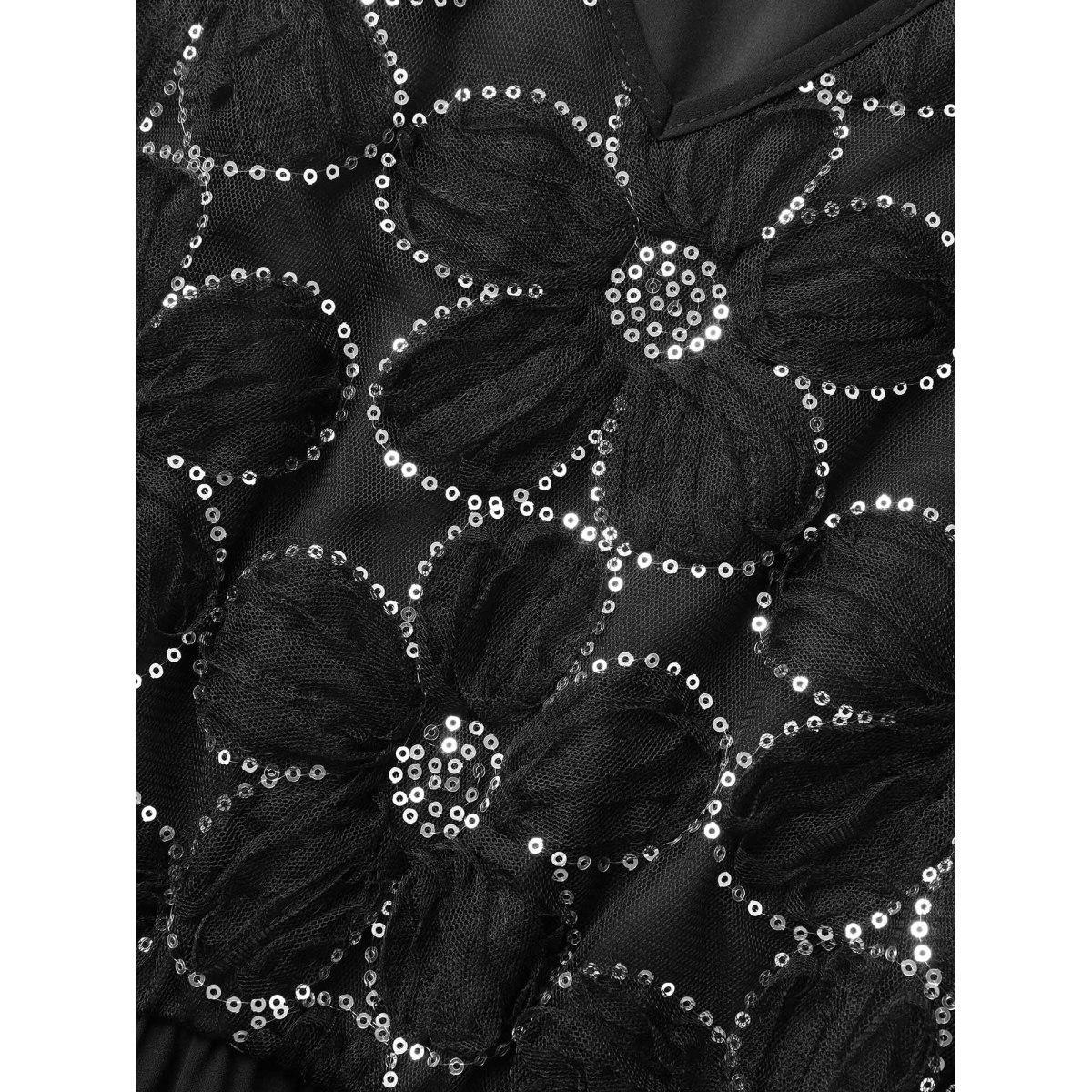 Plus Size V Neck Sequin Floral Patchwork Dress Black Women Formal Texture V-neck Sleeveless Curvy BloomChic 10/M Product Image