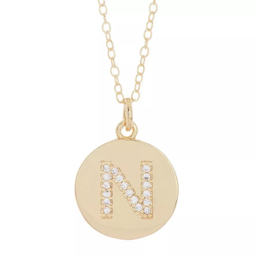 Adornia 14k Gold Plated Cubic Zirconia Engraved Letter Disc Pendant Necklace, Women's, Size: 18", Gold Tone T Product Image