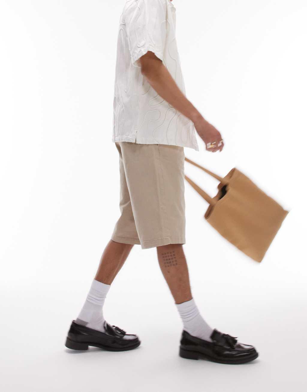 Topman wide chino shorts in stone Product Image