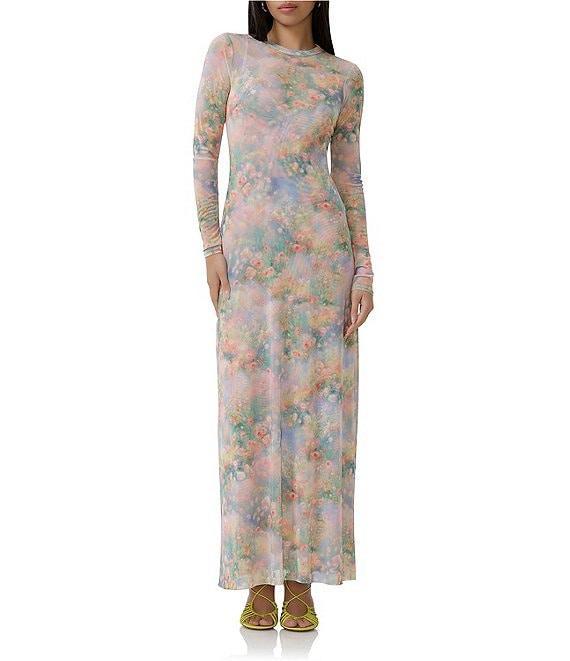 AFRM Paola Floral Print Crew Neck Long Sleeve Ankle Mesh Dress Product Image
