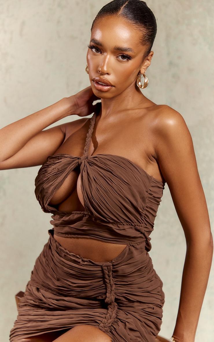 Chocolate Chiffon Cut Out Plait Detail One Shoulder Bodycon Dress Product Image