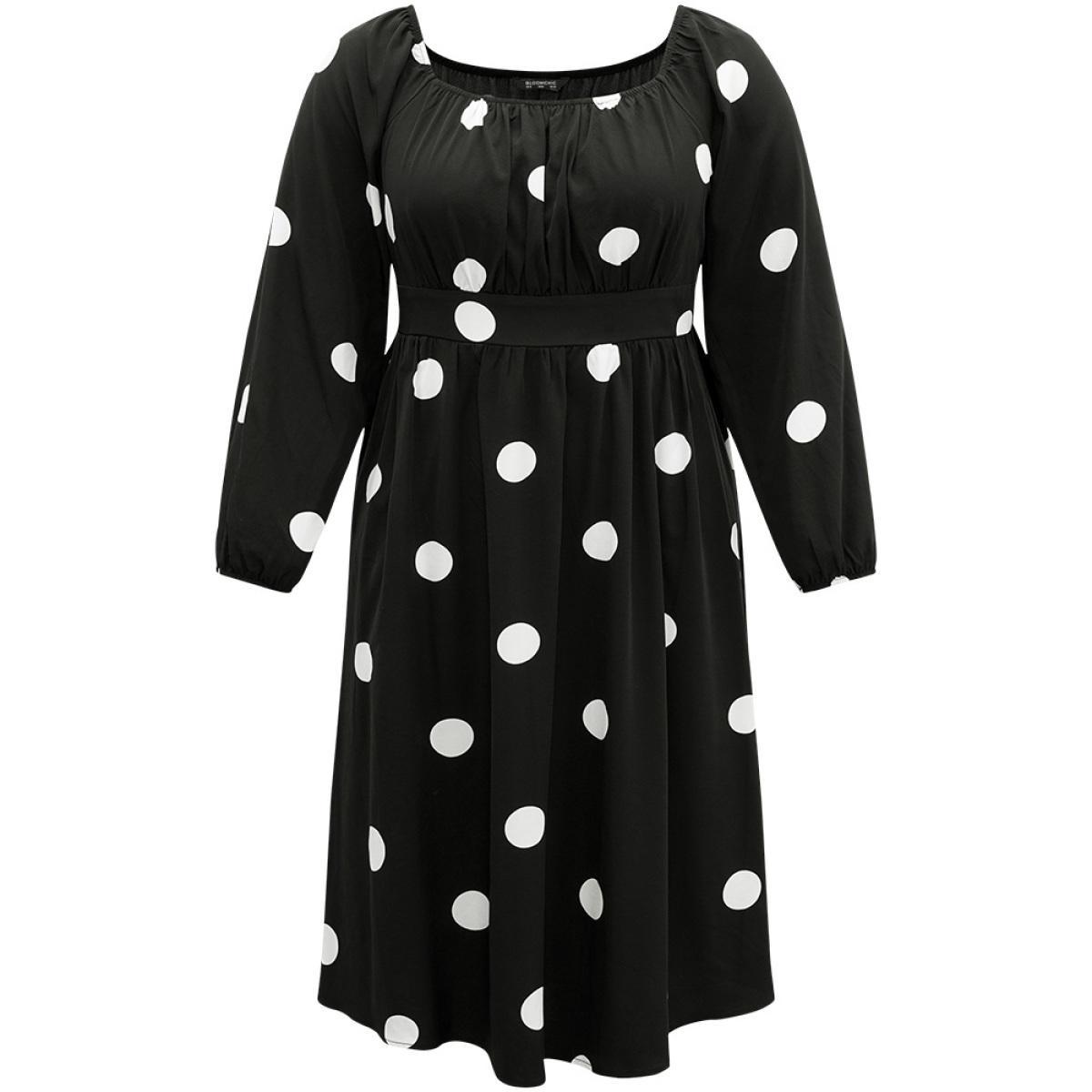 Plus Size Polka Dot Square Neck Gathered Elastic Cuffs Dress Black Women Elegant Elastic cuffs Square Neck Long Sleeve Curvy Midi Dress BloomChic 30/6X Product Image