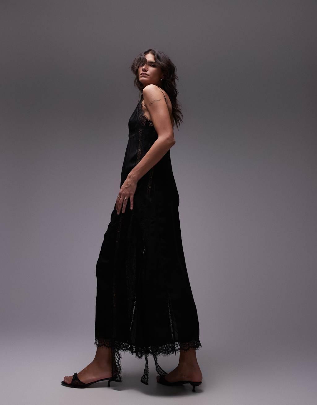 Topshop lace trim black midi dress in black technical fabric Product Image