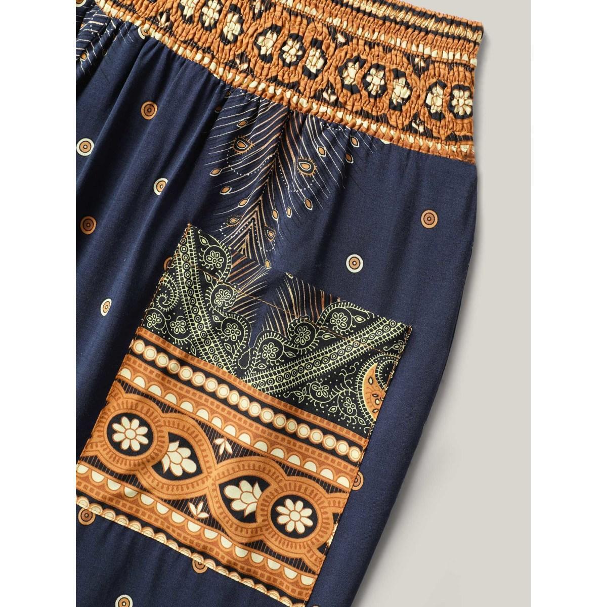 Plus Size Peacock Print Shirred Jogger Pants Women Indigo Resort Mid Rise Vacation Pants BloomChic 14-16/1X Product Image