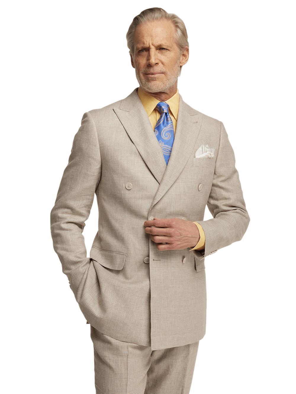 Linen Blend Plaid Peak Lapel Suit - Tan Product Image