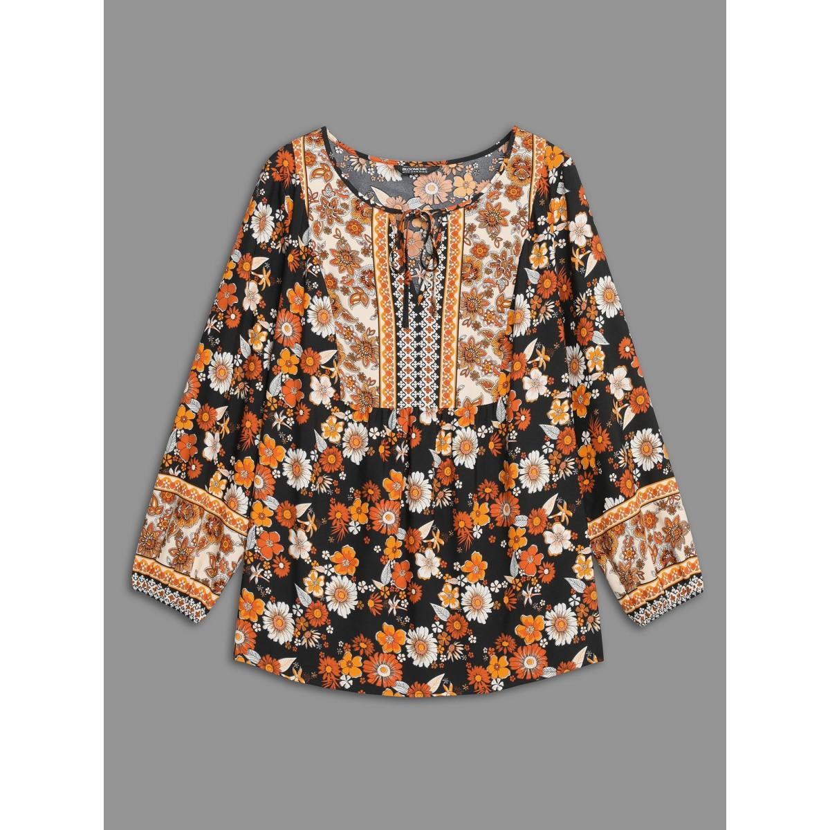 Plus Size Black Boho Print Tie Knot Lantern Sleeve Blouse Women Resort Long Sleeve Notched collar Vacation Blouses BloomChic 10/M Product Image