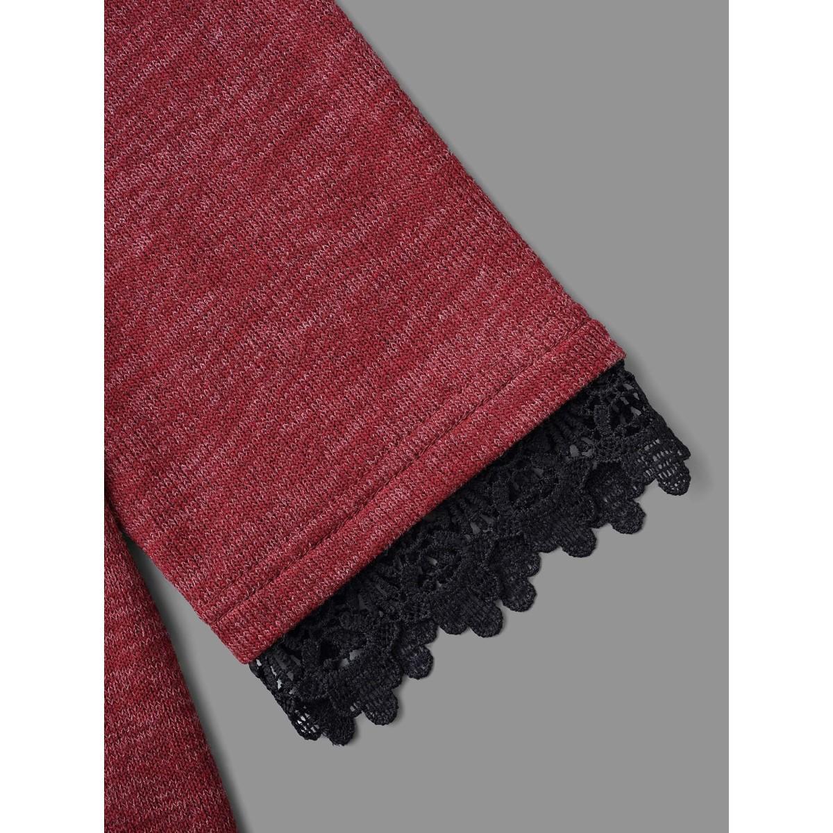 Plus Size V Neck Lace Trim Stitch Button Detail T-Shirt Deepred Women Elegant Woven ribbon&lace trim V-neck Everyday T-shirts BloomChic 18-20/2X Product Image