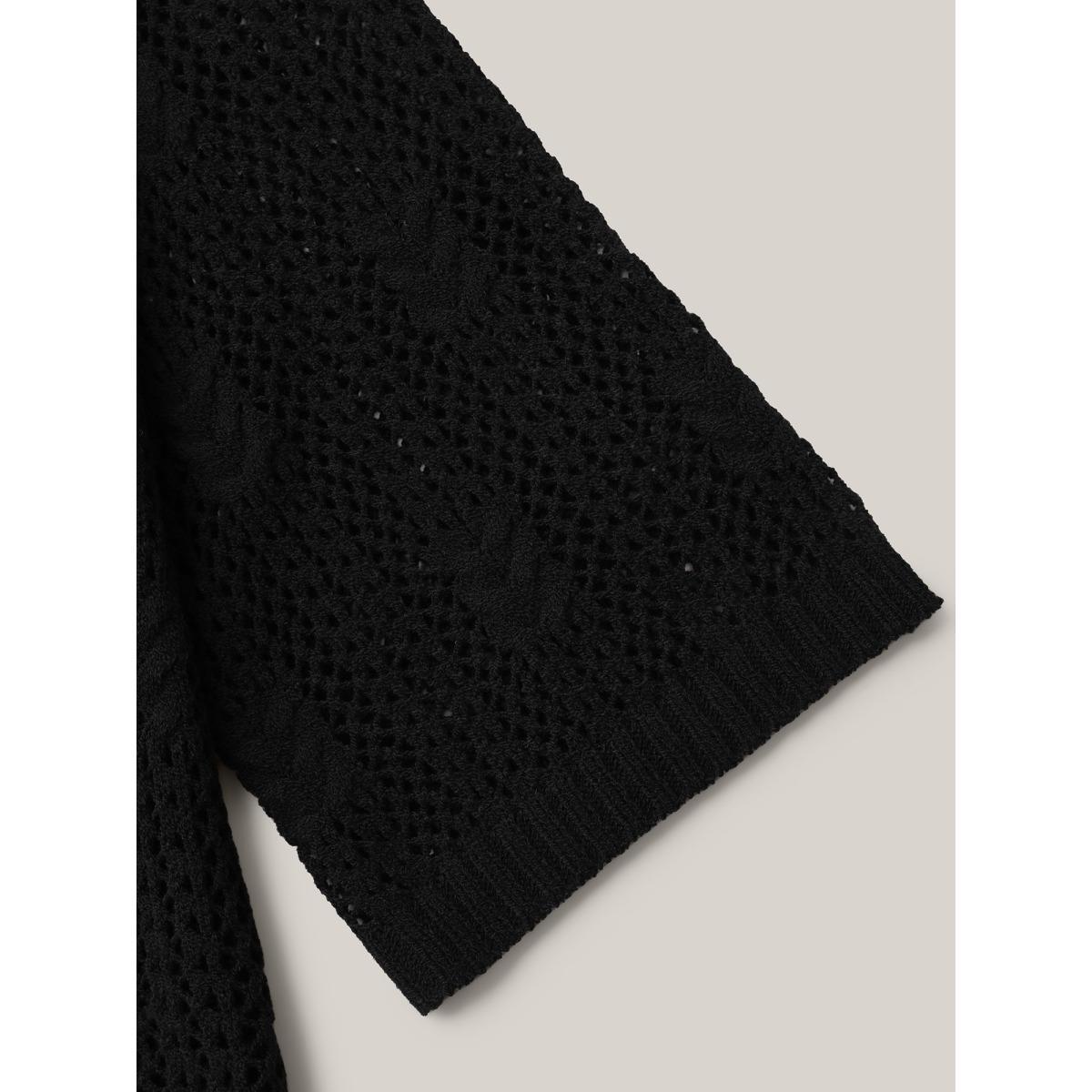 Plus Size Sheer Cable Knit Long Sleeve Swim Blouse Women's Swimwear Black Beach Loose Texture Curve Swim Cover Ups BloomChic 30/6X Product Image