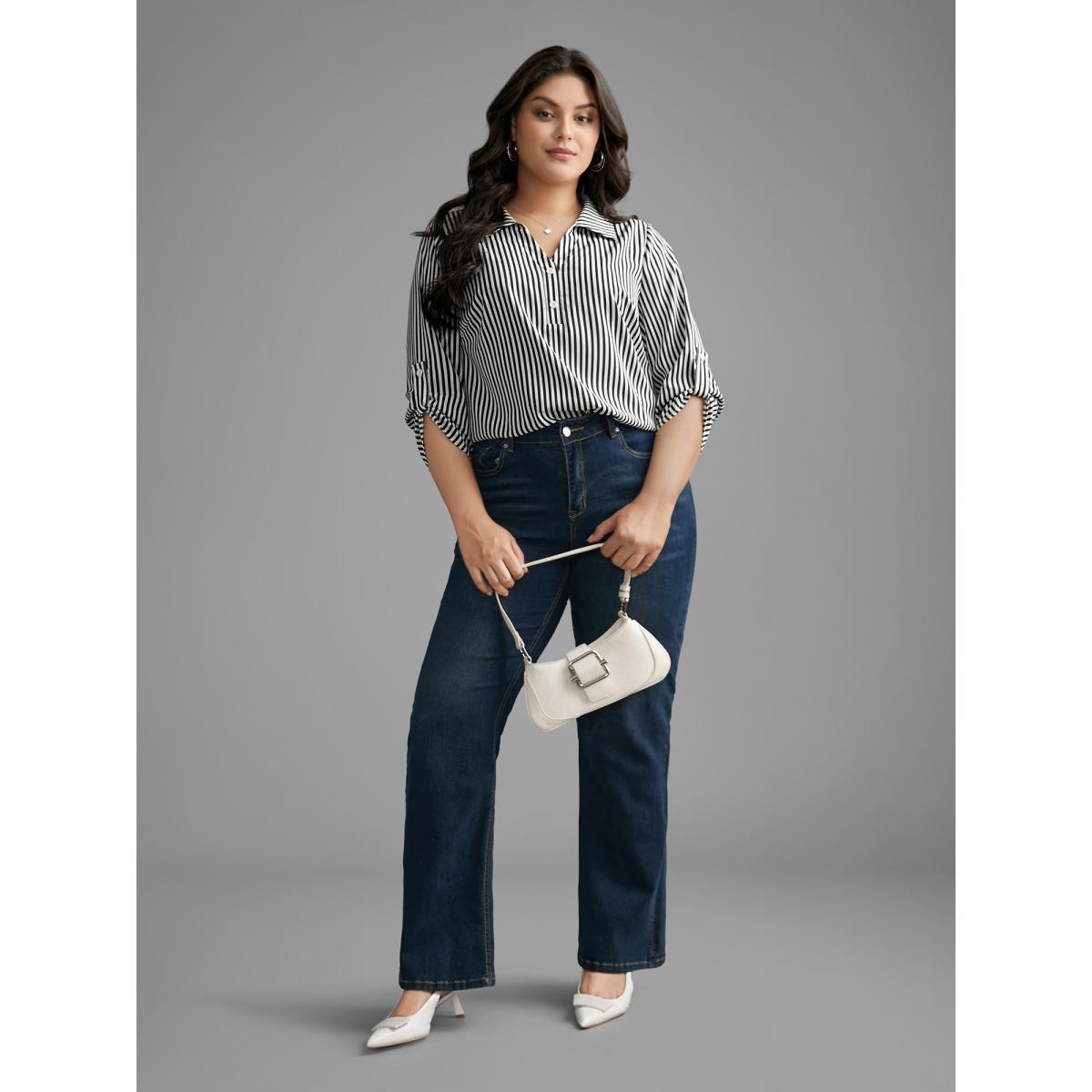 Plus Size Black Striped Button Cuff Sleeve Split Hem Blouse Women At the Office Elbow-length sleeve Shirt collar Work Blouses BloomChic 28/5X Product Image
