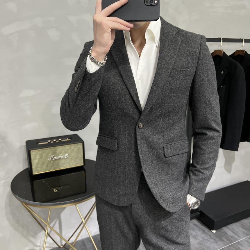 Set: Plain Woolen One-Buttoned Blazer + Tapered Dress Pants Product Image