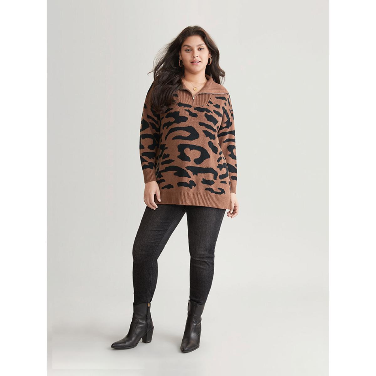 Plus Size Leopard Graphic Half Zip Polo Knit Pullover Rust Women Casual Loose Long Sleeve Polo Dailywear Pullovers BloomChic 12/L Product Image