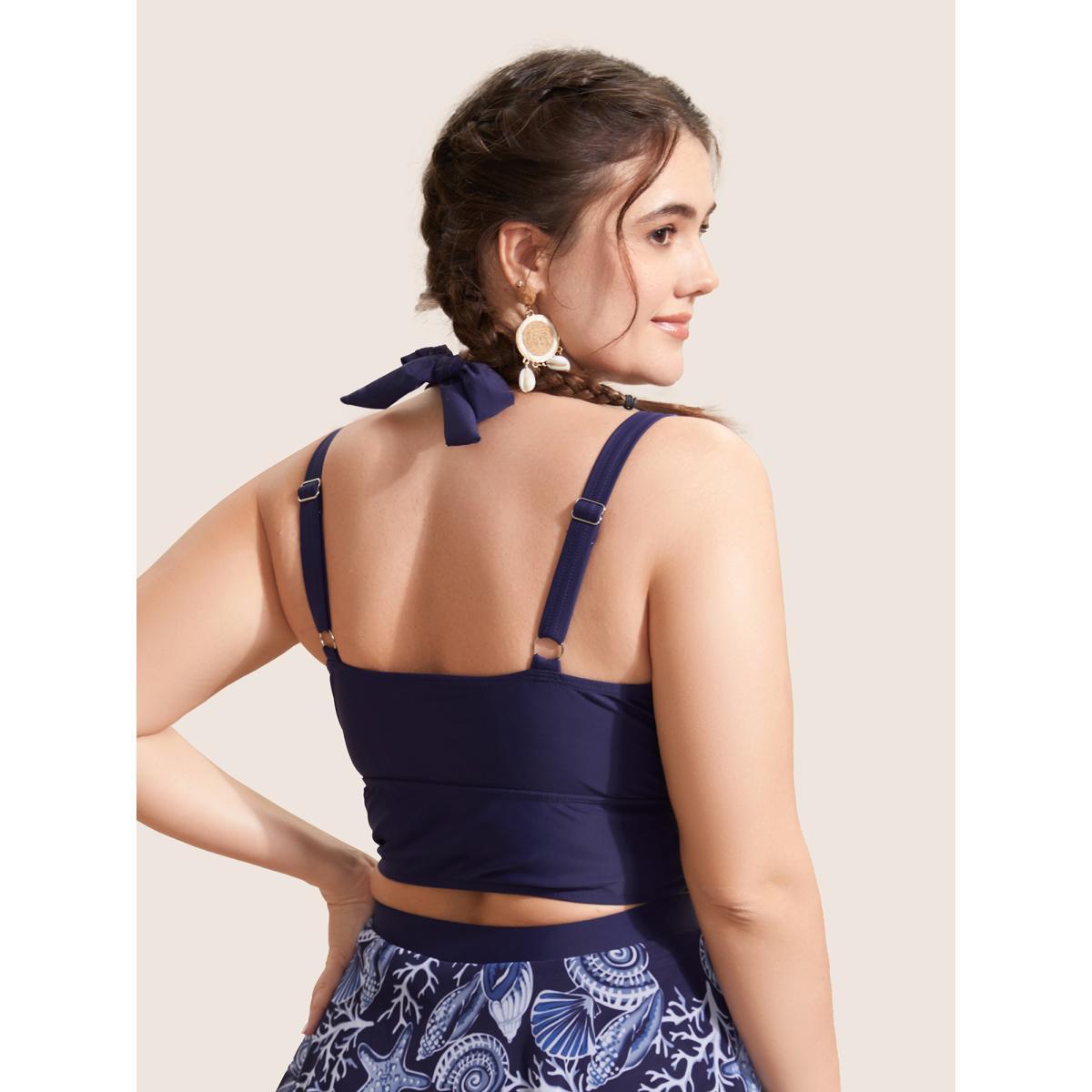 Plus Size Marine Elements Patchwork Tie Knot Swim Top Women's Swimwear Indigo Beach Cross straps High stretch Skinny V-neck Curve Swim Tops BloomChic 18-20/2X Product Image