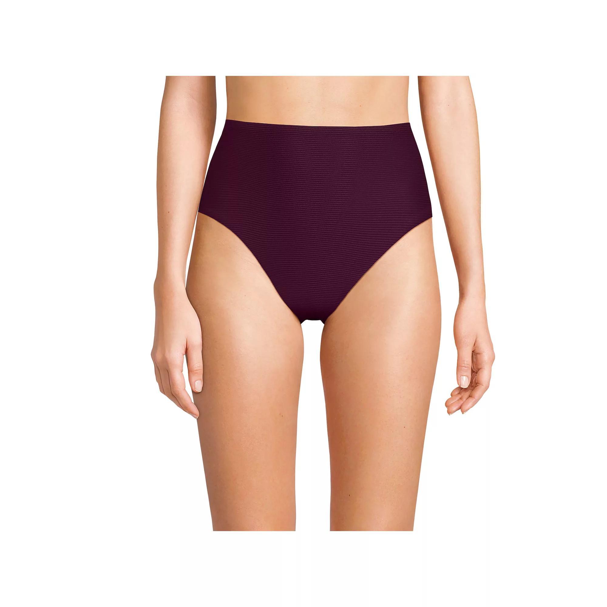 Women's Lands' End Ribbed Smoothing High Waisted Bikini Bottoms, Size: 16, Dark Red Ottoman Product Image
