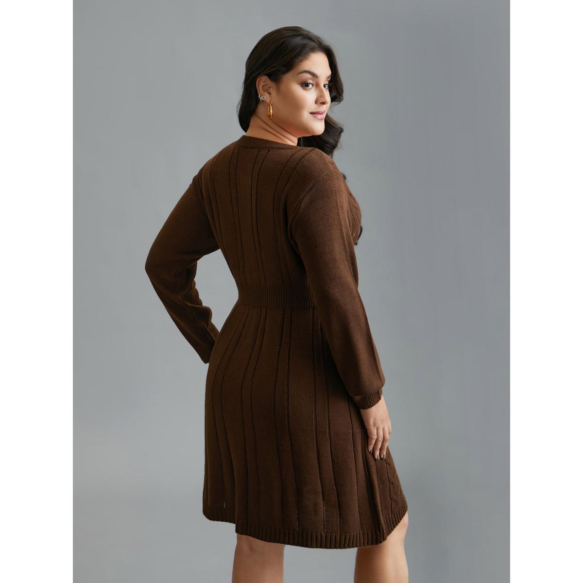 Plus Size Textured Cable Knit V-Neck Midi Sweater Dress Browncoffeecolor Women Casual Bodycon Long Sleeve Everyday Sweater Dresses BloomChic 14-16/1X Product Image