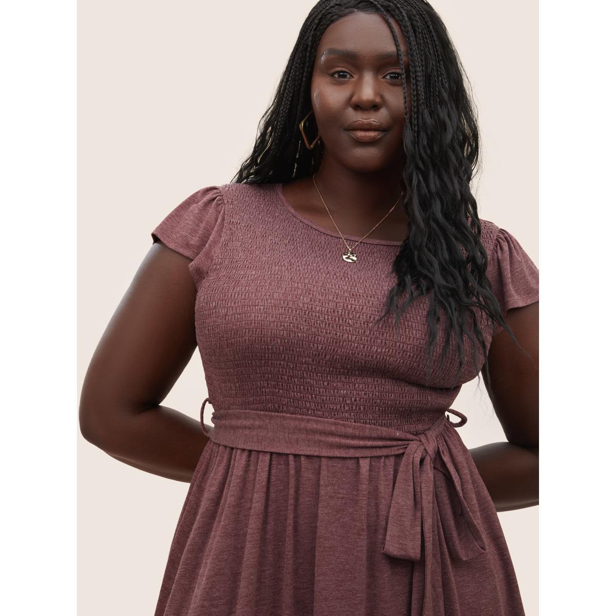 Plus Size Supersoft Essentials Shirred Ruffle Cap Sleeve Dress Scarlet Women Basics Non Round Neck Cap Sleeve Curvy Midi Dress BloomChic 10/M Product Image