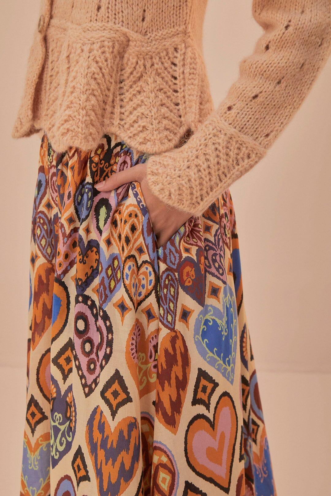 Cream Hearts Ikat Midi Skirt Product Image