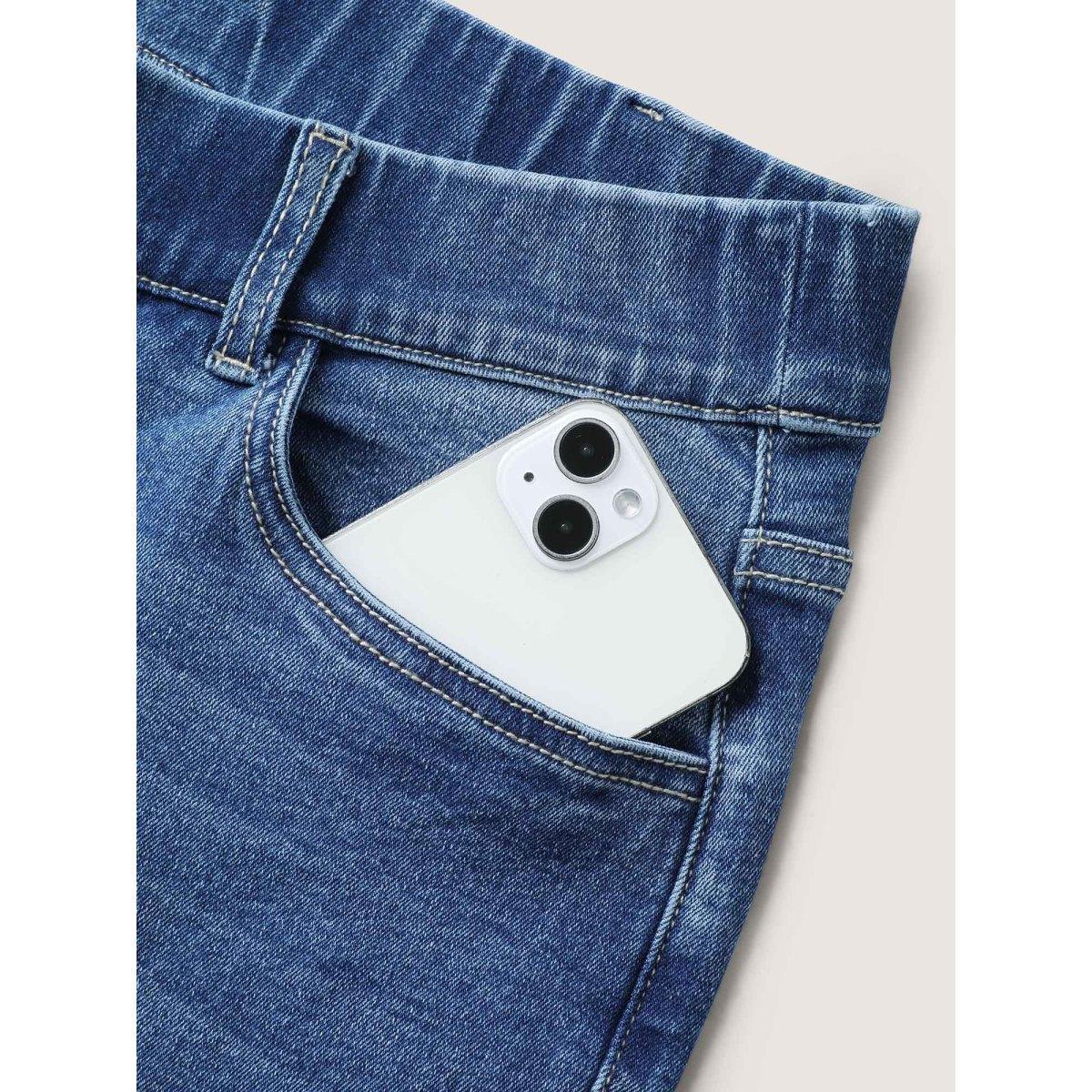 Plus Size Pull-On Frayed Capri Hem Jeans Women Midblue Medium stretch Slanted pocket Jeans BloomChic 24/3X Product Image