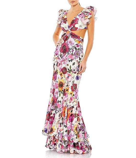 Mac Duggal Floral Charmeuse V-Neck Sleeveless Ruffle O-Ring Cut-Out Tiered Gown Product Image