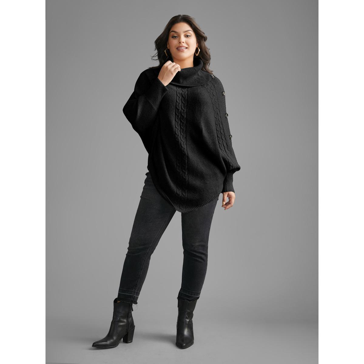 Plus Size Turtleneck Cable Knit Asymmetrical Hem Pullover Black Women Casual Loose Long Sleeve Ruffled collar Everyday Pullovers BloomChic 10/M Product Image