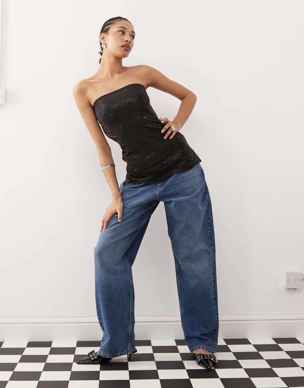 COLLUSION halter neck backless top in retro sequin in black Product Image