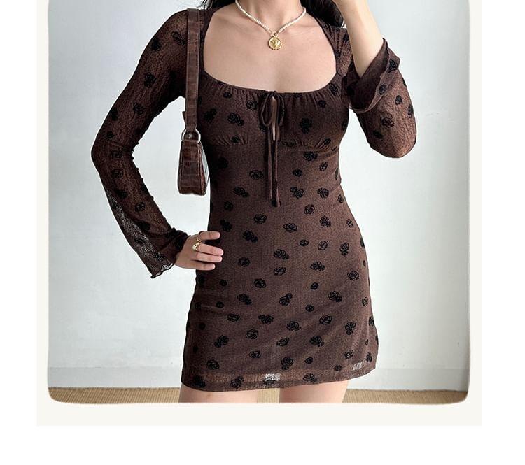 Long-Sleeve Scoop Neck Floral Jacquard Cutout Tie Front Mini Bodycon Dress Product Image