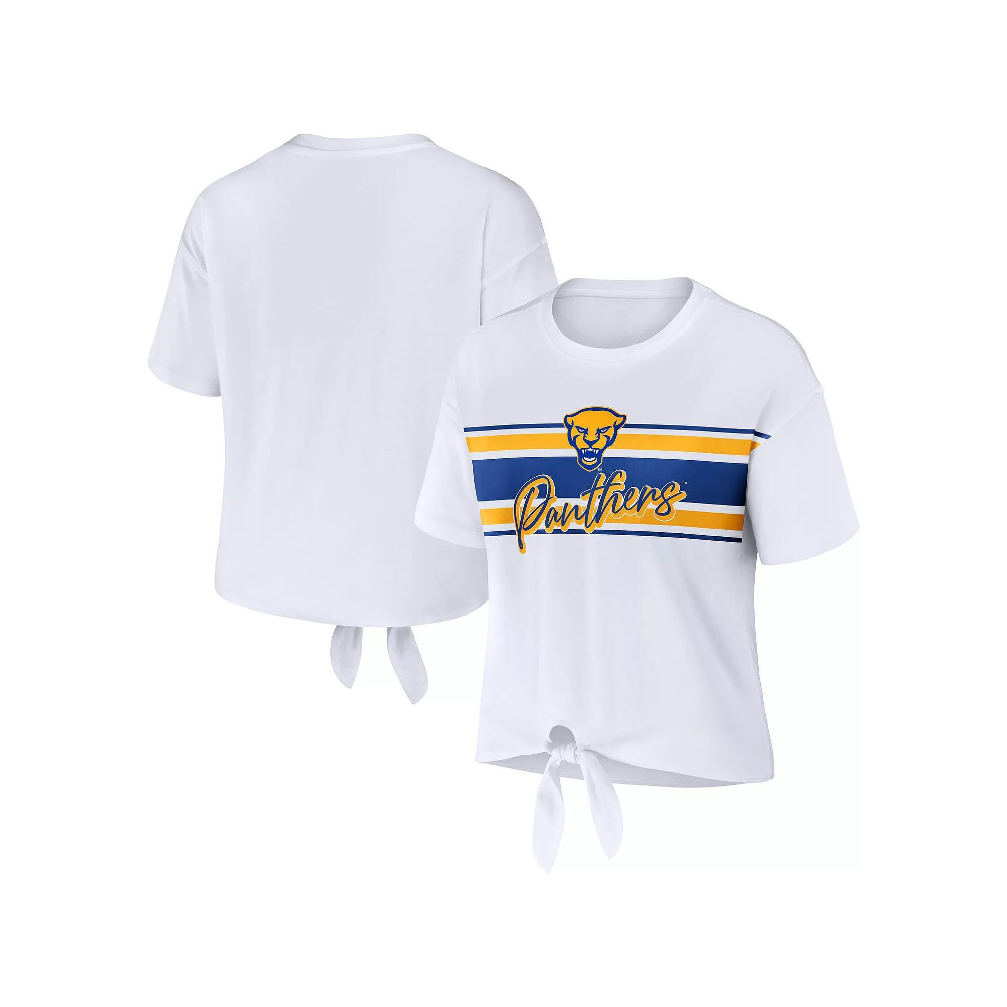 Women's WEAR by Erin Andrews White Pitt Panthers Striped Front Knot Cropped T-Shirt, Size: 2XL Product Image