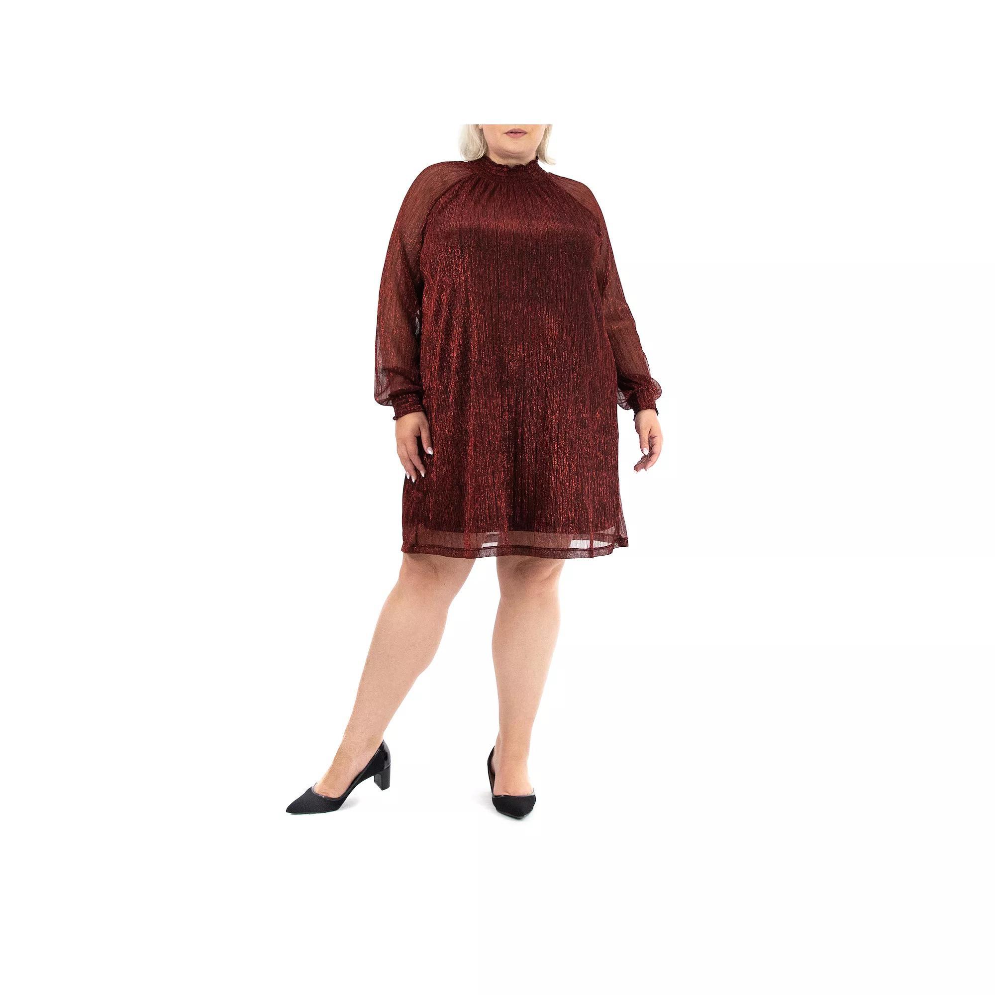 Plus Size Nina Leonard Smockneck Trapeze Dress, Women's, Size: 3XL, Black Red Product Image