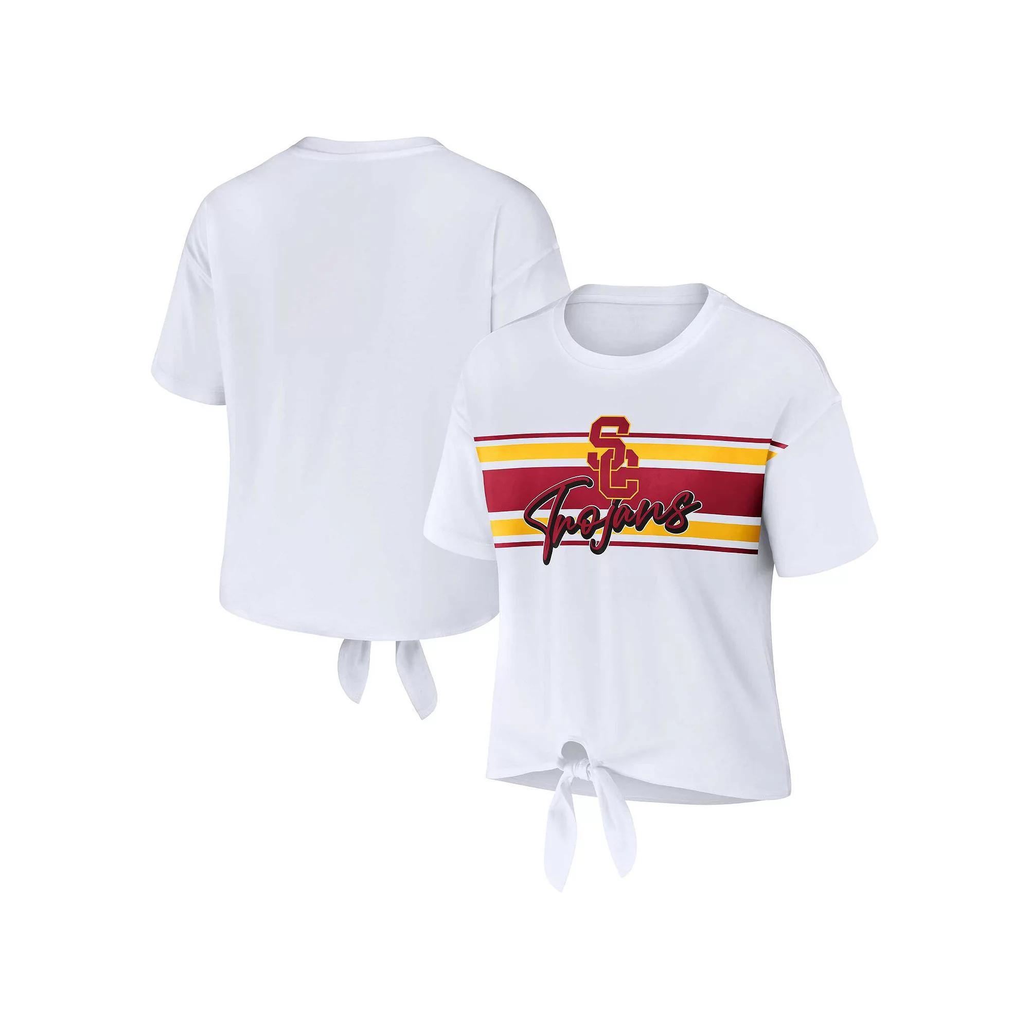 Women's WEAR by Erin Andrews White USC Trojans Striped Front Knot Cropped T-Shirt, Size: Medium Product Image