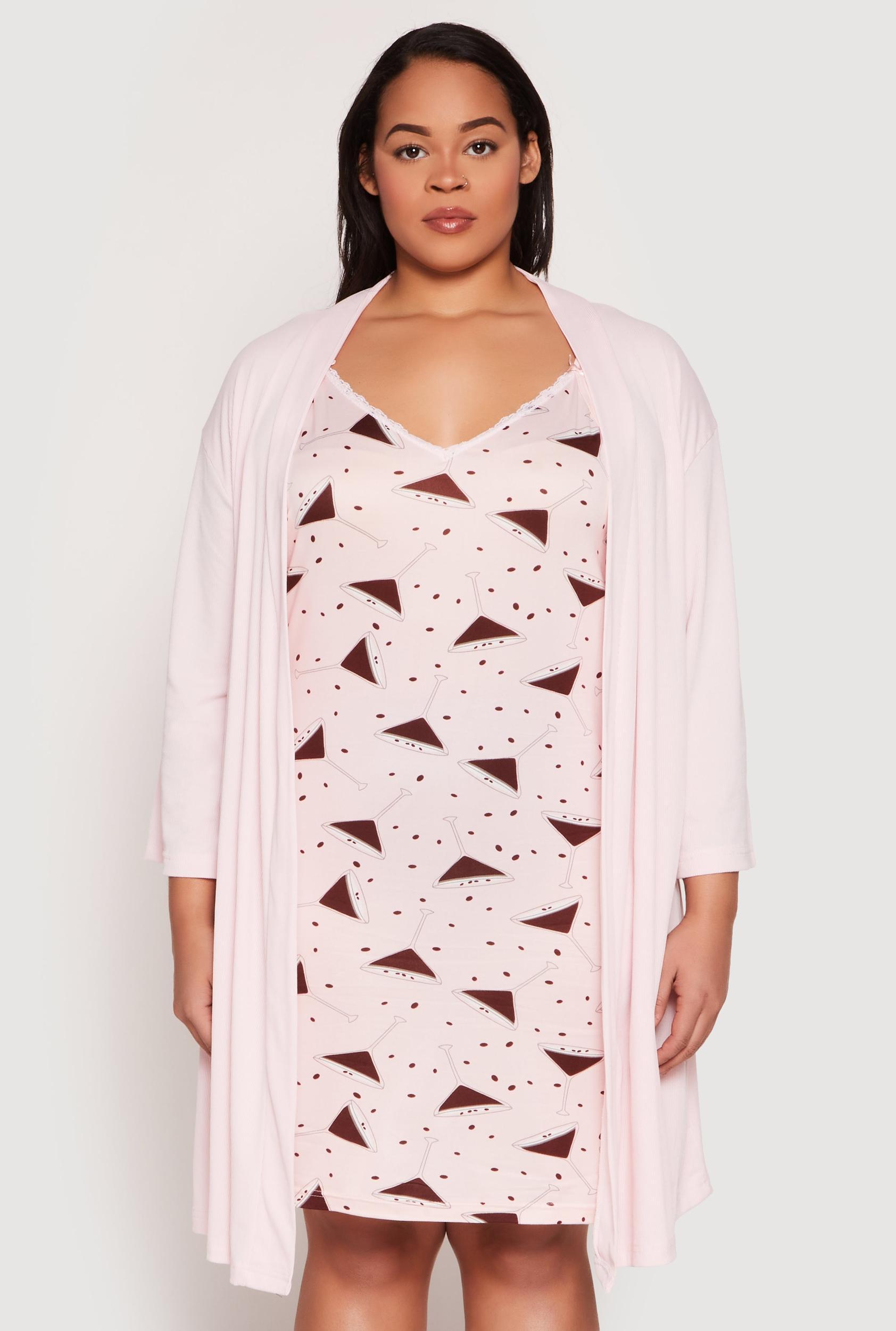 Womens Plus Size Graphic Print Lace Trim Nightgown and Robe Product Image