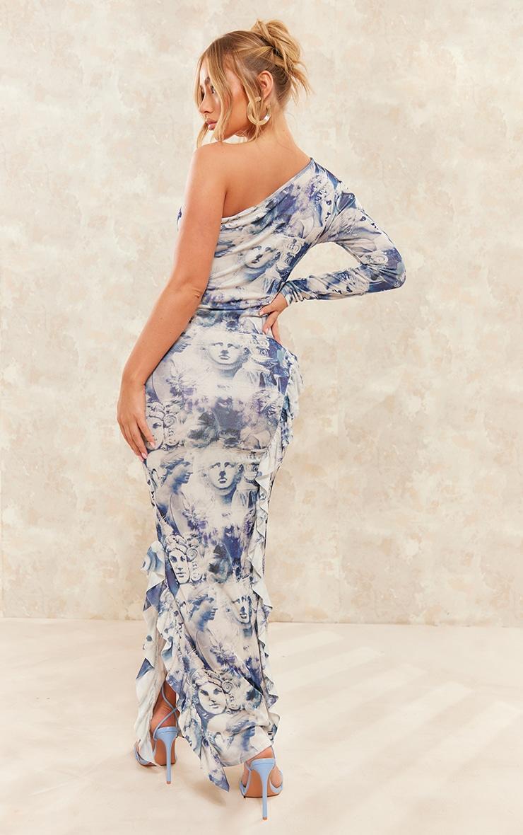 Blue Renaissance Print Acetate Slinky One Shoulder Frill Detail Maxi Dress Product Image