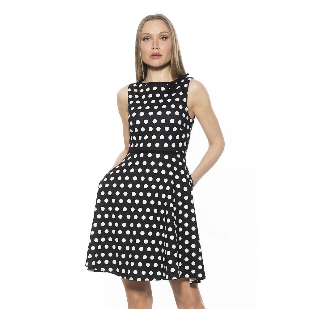 Women's ALEXIA ADMOR Ida Crewneck Fit And Flare Dress, Size: Large, Black White Dots Product Image