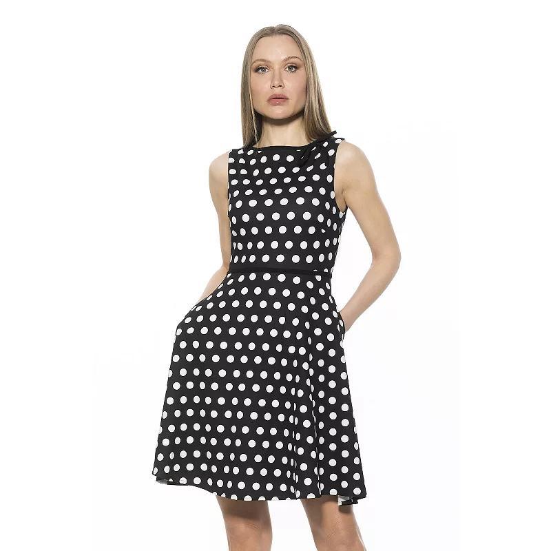 Women's ALEXIA ADMOR Ida Crewneck Fit And Flare Dress, Size: Large, Black White Dots Product Image