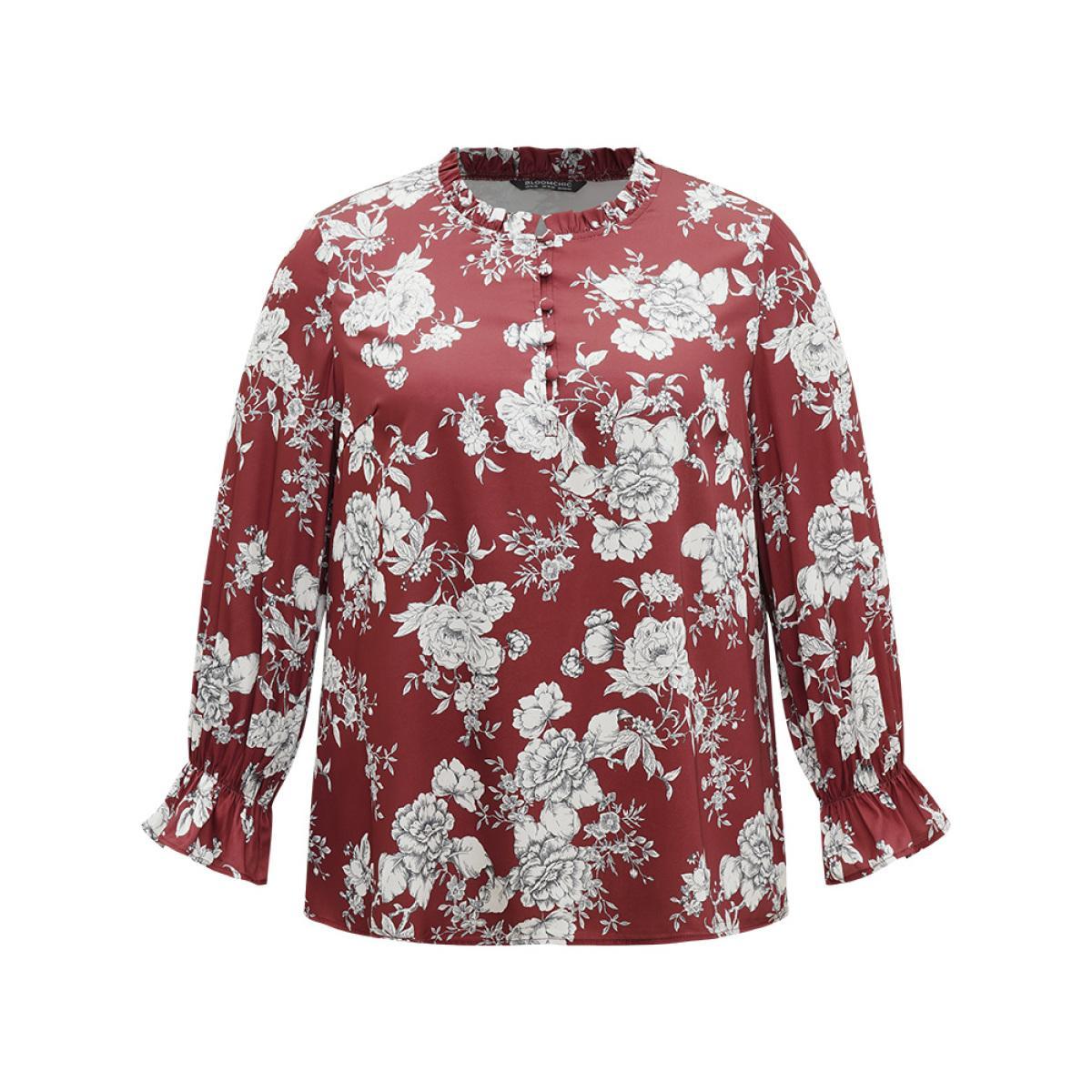 Plus Size Scarlet Silhouette Floral Print Frill Trim Button Detail Blouse Women Elegant Long Sleeve Round Neck Dailywear Blouses BloomChic 22-24/3X Product Image